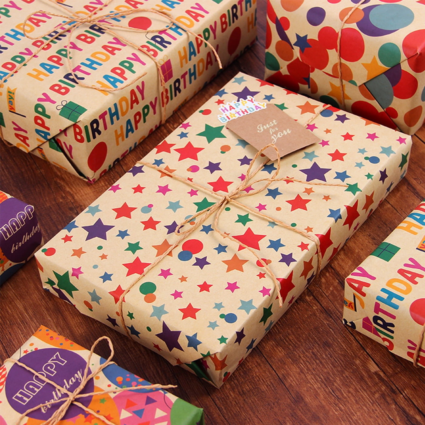 Kraft Birthday Wrapping Paper, Vintage Style Perfect for Men Women Kids Brown Kraft Wrap Paper with Colorful Balloons Stars Happy Birthday for Party - 3 Rolls, 17 inch X 120 inch Each