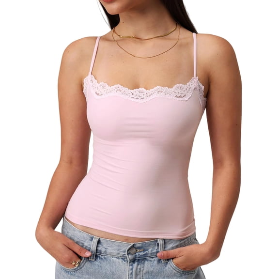 Women'S Lace Y2K Square Neck Strap Tank Top Sleeveless Going Out Party Club Basic Shirt Pink S