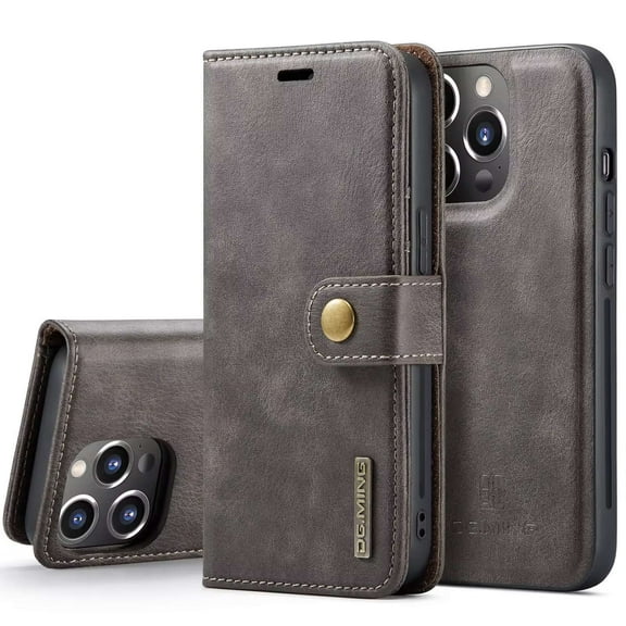 Casus Ming Removable Leather Wallet Cover Card Holder Case for Apple iPhone 15 - Gray