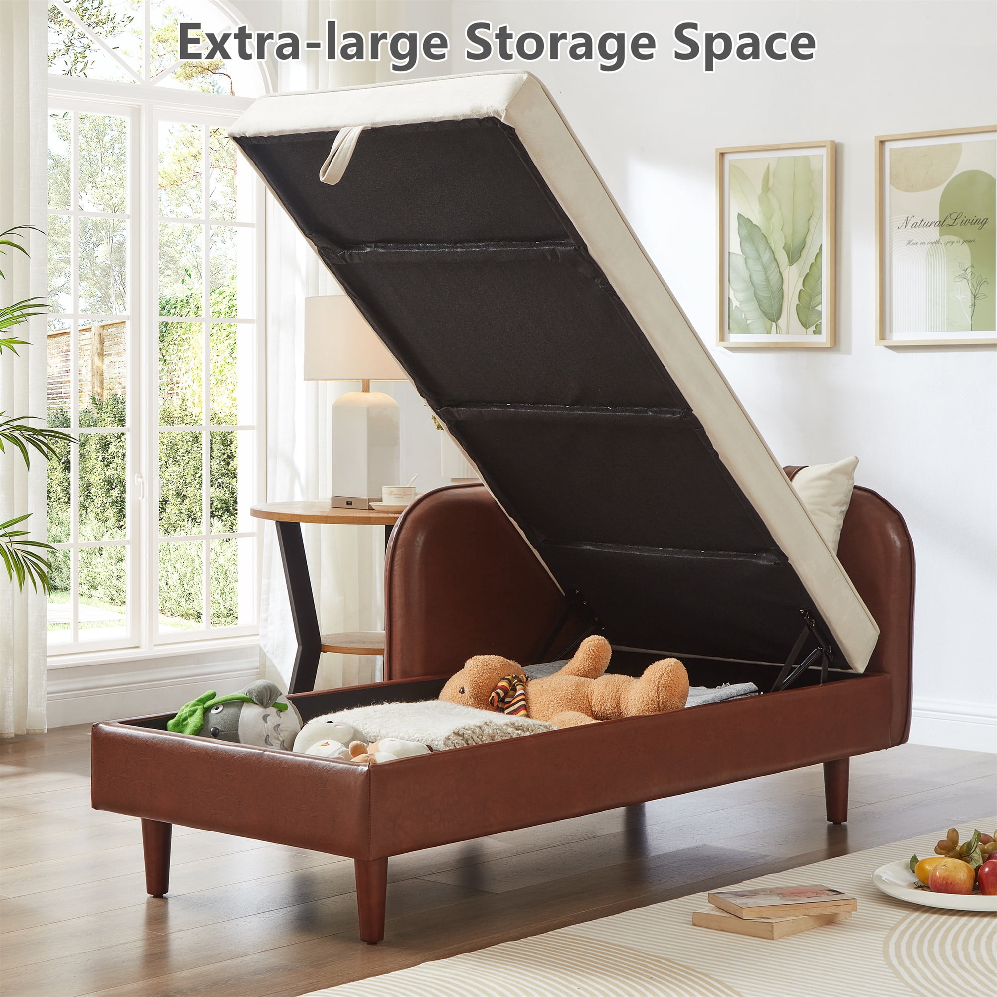Aukfa 65" Storage Chaise Lounge Indoor Leather Sofa for Living Room Bedroom, Wooden Legs, 2 Pillows, Brown & Beige