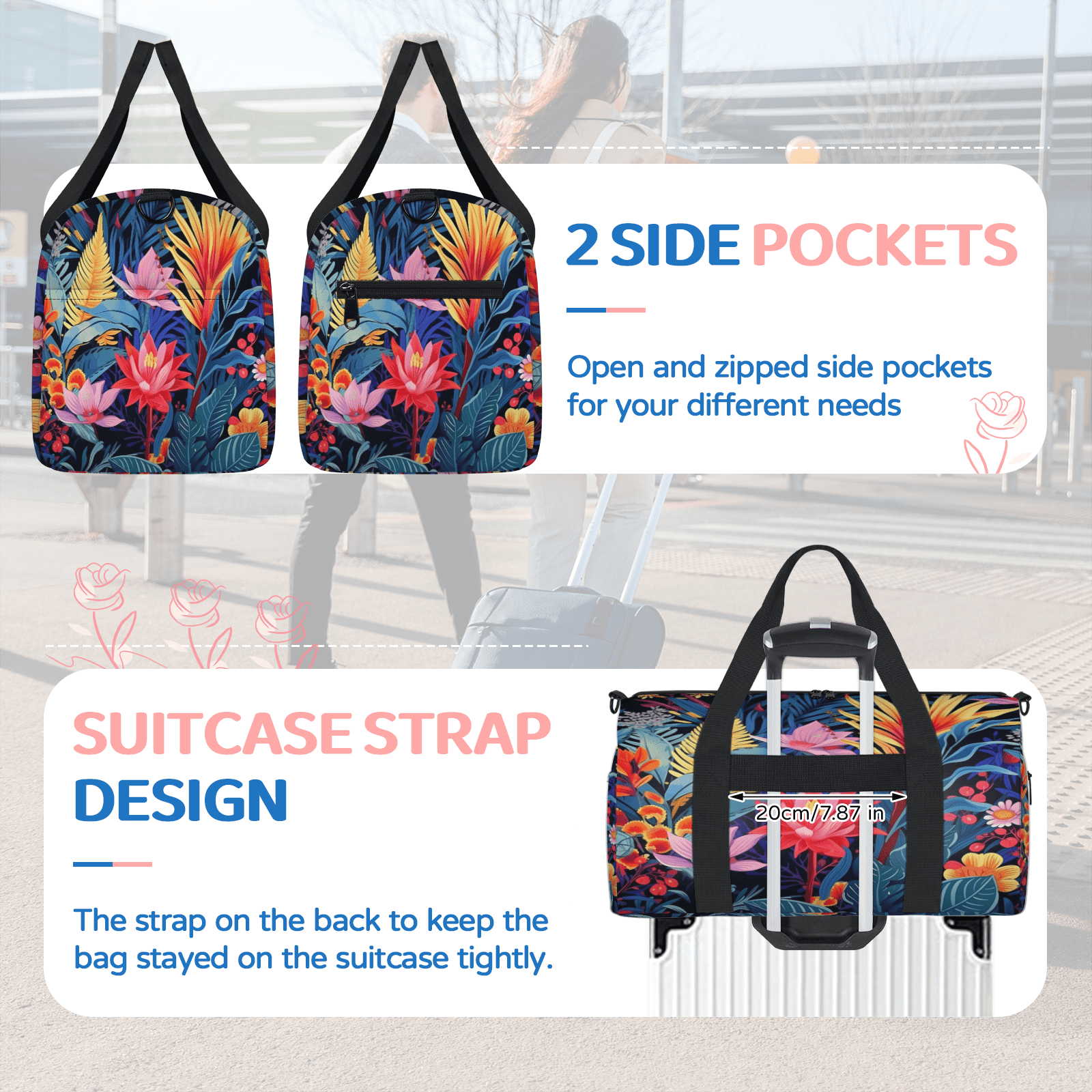 Herdesigns Colorful Floral Travel Duffle Bag Sports Yoga Weekender Overnight Carry on Workout Bags Lightweight Waterproof Gym Tote Bag for Women