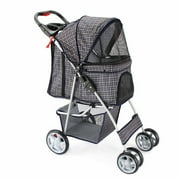 Pet Stroller (Check Blue) Dog Cat Small Animals Carrier Cage 4 Wheels Folding Flexible Easy to Carry for Jogger Jogging Travel Up to 30 Pounds With Rain Cover Cup Holder and Mesh Window