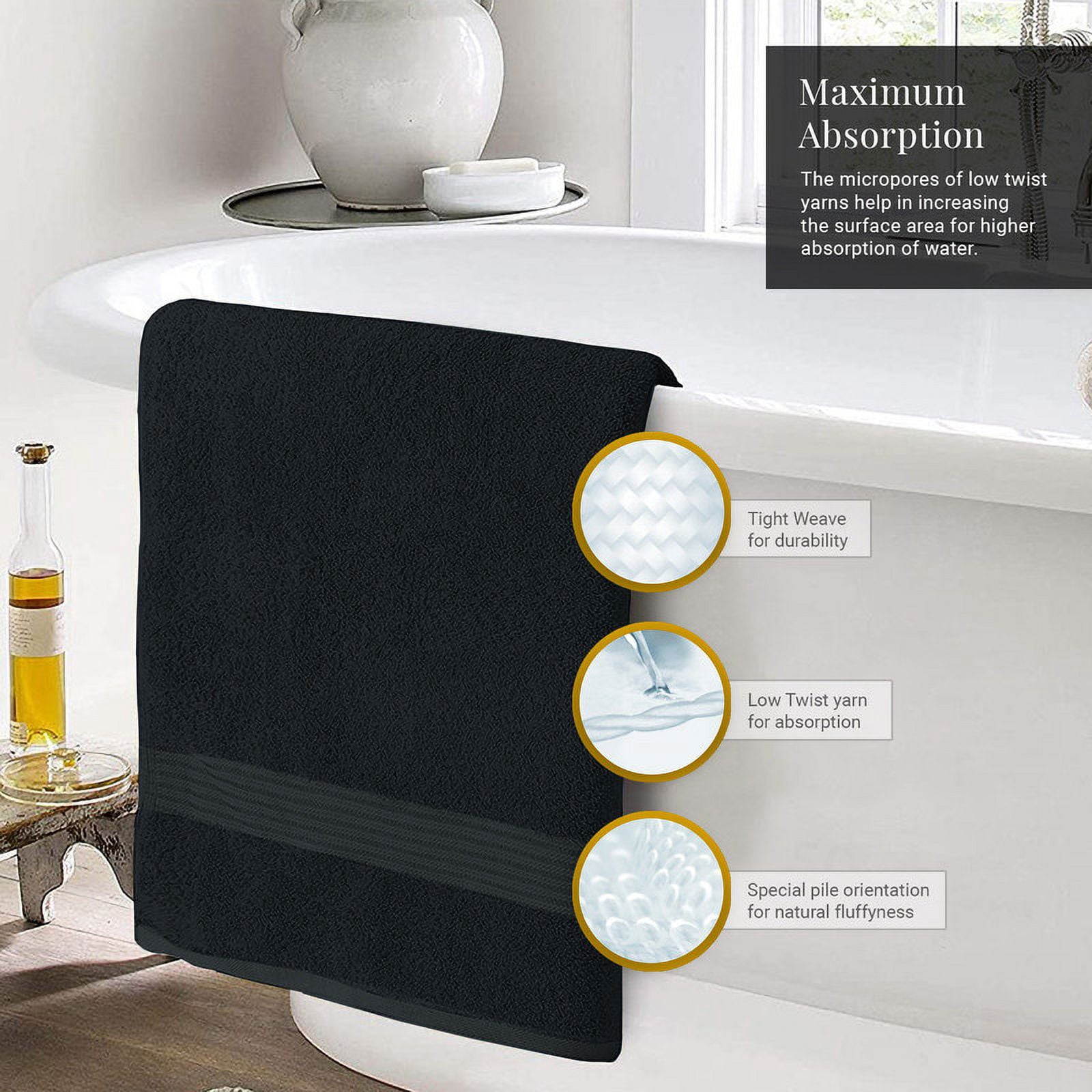 Creosa Cotton Bath-Towels-Set Black, 100% Ring Spun Combed-Cotton 4pc Bathroom Towels 27x54 Inch, Highly Absorbent Soft Feel, Daily Use Black Towels with Hanging Loop