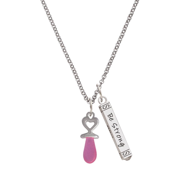 Delight Jewelry Silvertone 3-D Pink Baby Pacifier Silvertone Be Strong and Courageous Bar Charm Necklace, 23"