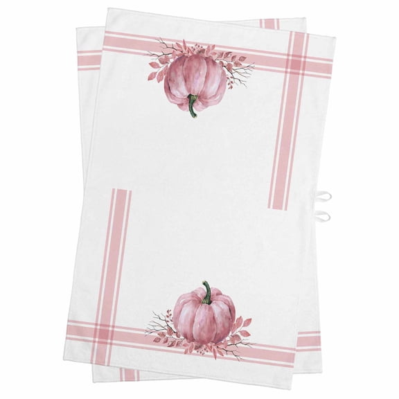 Pink Pumpkin Kitchen Towels Set of 2, Water Absorbent Dish Towel, Thanksgiving Fallen Leaves Autumn Stripe Decorative Hand Towels - Quick Drying Cloth for Cooking Baking, 18x28 Inch