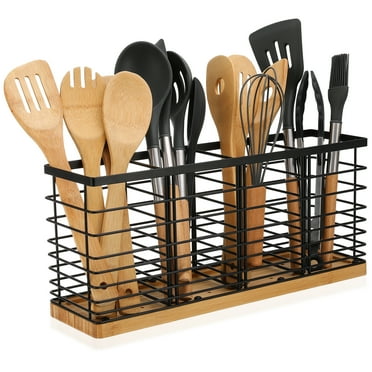 Bocaoying Utensil Holder for Kitchen Counter, Extra Large Kitchen Utensil Holder with 4 Compartments, Matte Black Metal Cooking Utensil Organizer with Wooden Base for Kitchen Countertop