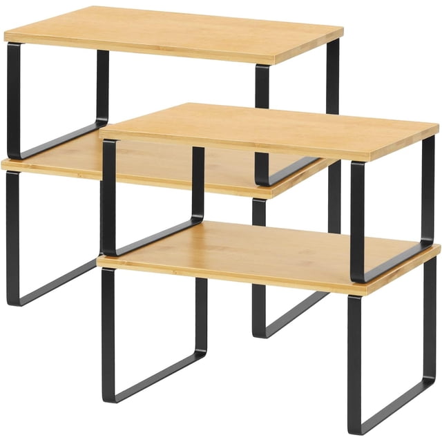 Cabinet Organizer Shelf Set of 4, Stackable Kitchen Counter Shelves, Expandable Spice Rack Pantry Organizers, Bathroom Cupboard Storage Desk Riser, Bamboo and Metal, Black