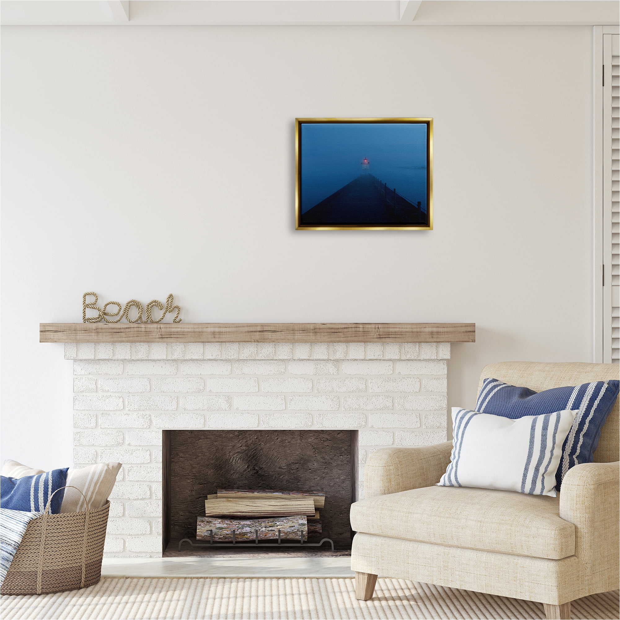 Stupell Industries Foggy Lighthouse Dock Landscape Photography Gold Floater Framed Canvas Art Print Wall Art, 21 x 17