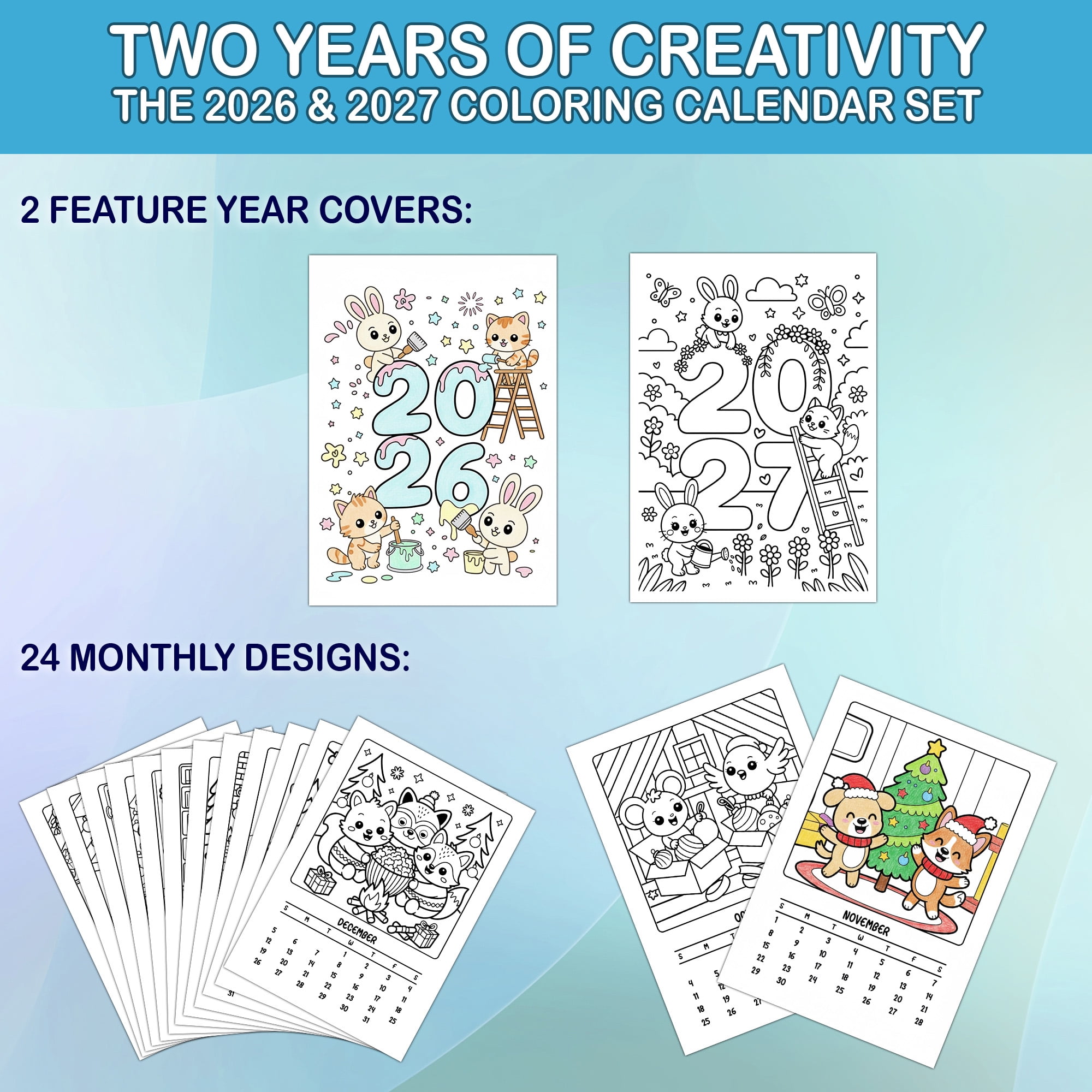 Cozy Christmas Coloring Desk Calendar 2026–2027, A5 Wooden Cover Planner with 26 Easy Coloring Pages for Adult Relaxation, 24 Month Desktop Calendar with Stand, Gift for Family & Friends