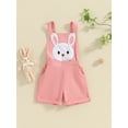 thumbnail image 3 of Musuos Toddler Girl Easter Overalls Shorts 12 18 24M 3 4T Bunny Embroidery Applique Sleeveless Square Neck Jumpsuit, 3 of 10