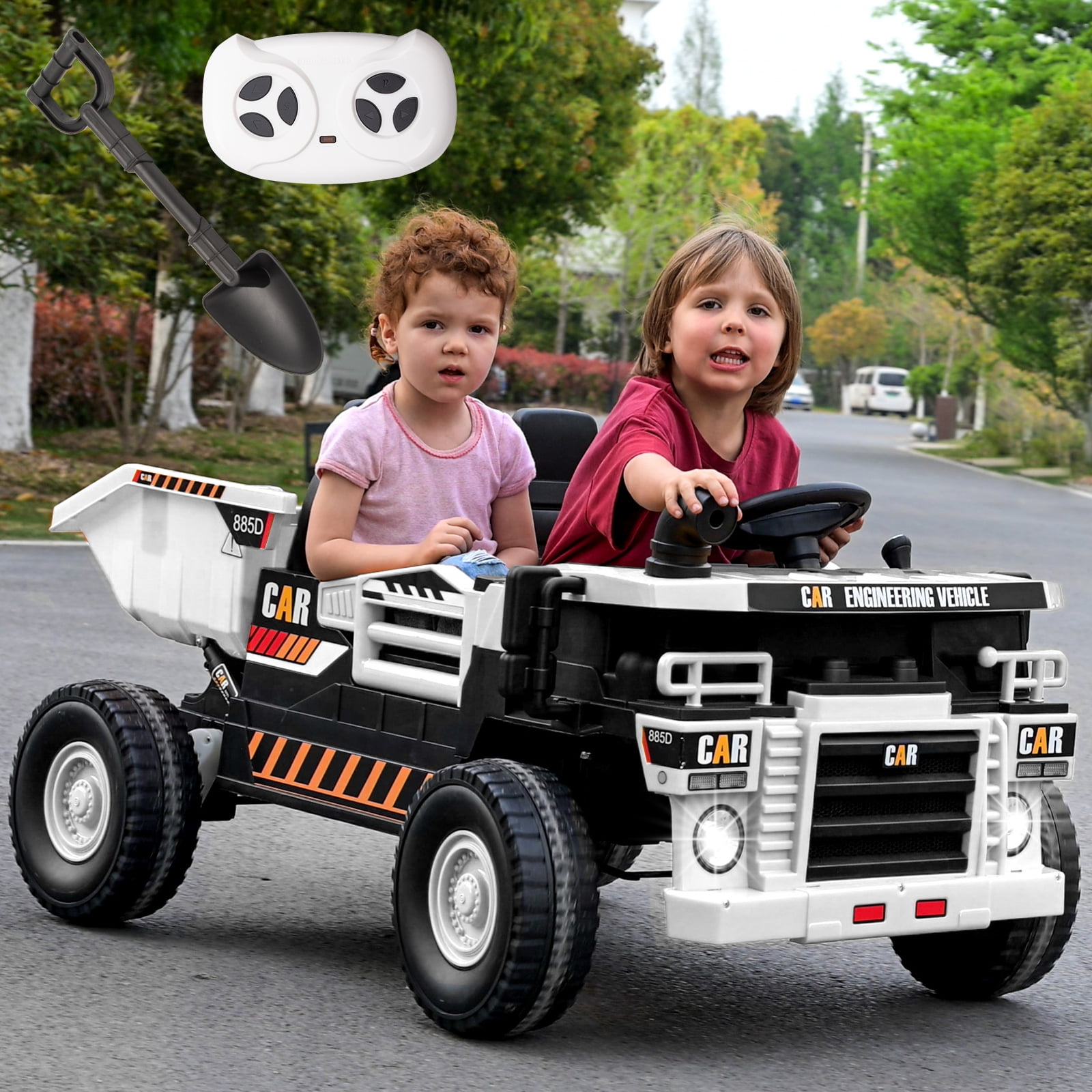 FINITO 12V 10Ah Ride on Toy for Toddlers, Powerful 4 Wheels Electric Dump Truck, 2 Seater Kids Ride on Car w/Parent Remote Control, White