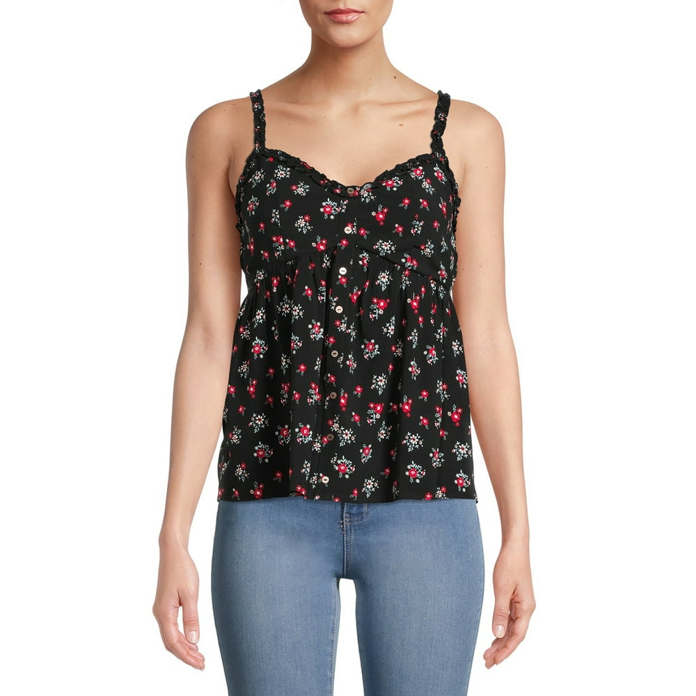 No Boundaries - No Boundaries Juniors' Button Front Ruffle Strap Tank ...