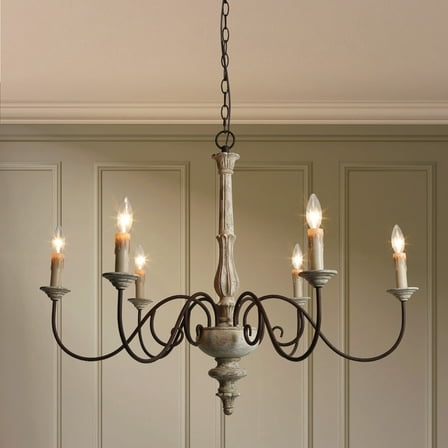 LNC 6-Light Bronze French Country Wood Chandelier Lighting Fixtures for Dining Room, Off-White
