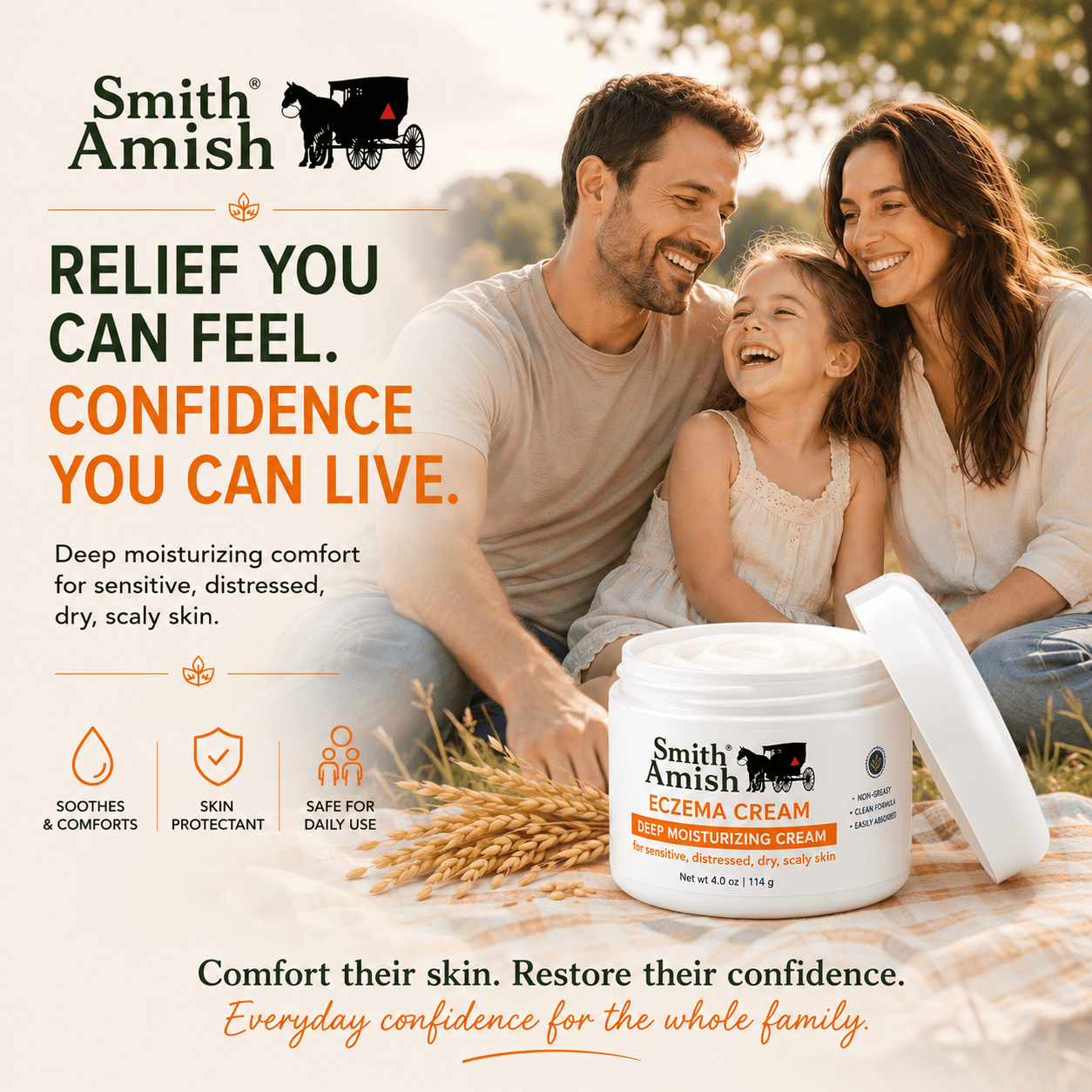 Smith Amish Eczema Cream, Colloidal Oatmeal Skin Protectant, Deep Moisturizing Cream for Dry Itchy Sensitive Skin, Non-Greasy OTC Relief, 4 oz.