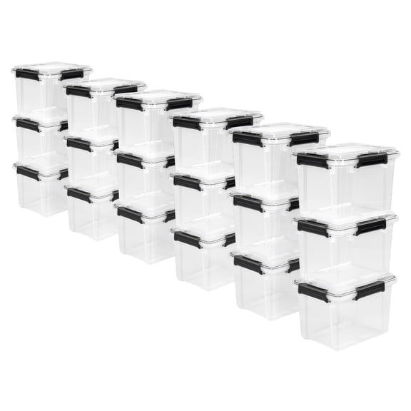 Sterilite 19 Qt Gasket Box, Stackable Plastic Storage Container with Lids, Black, 18 Pack