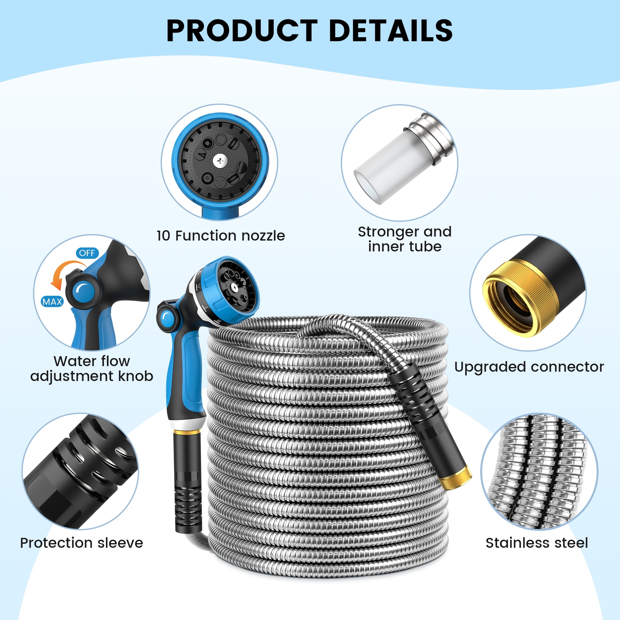 OHHANI Stainless Steel Hose, 50 ft x 5/8", Garden Hose with 10-Function Sprayer, No Kink
