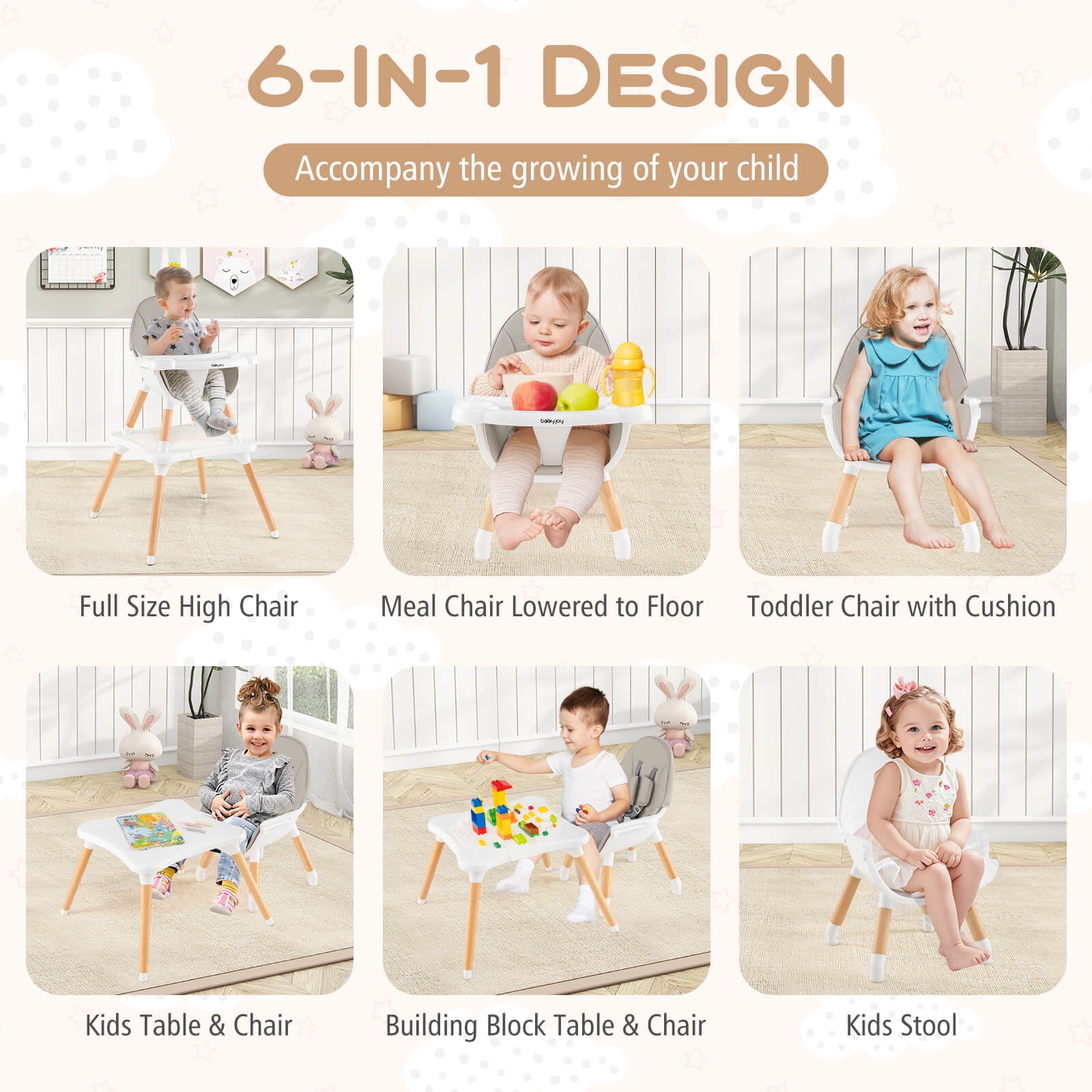 Costway 6-in-1 Baby High Chair Infant Wooden Convertible Chair with Building Block Table Gray