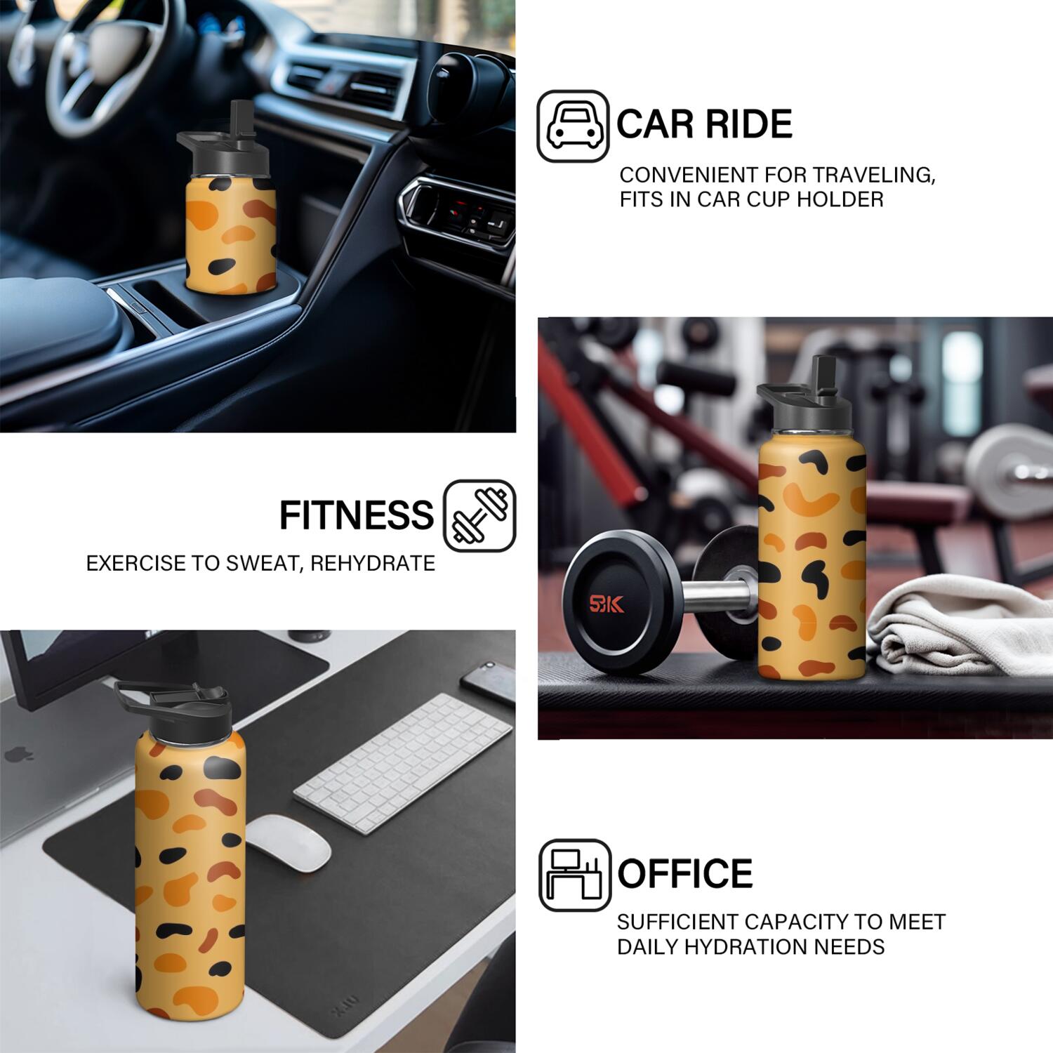 Leopard Print Insulated Stainless Steel Water Bottle with Straw & Cleaning Brush – 18 Oz | Leakproof, BPA-Free, 304 Stainless Steel, Wide Mouth, Travel Mug for Car, Gym, Office