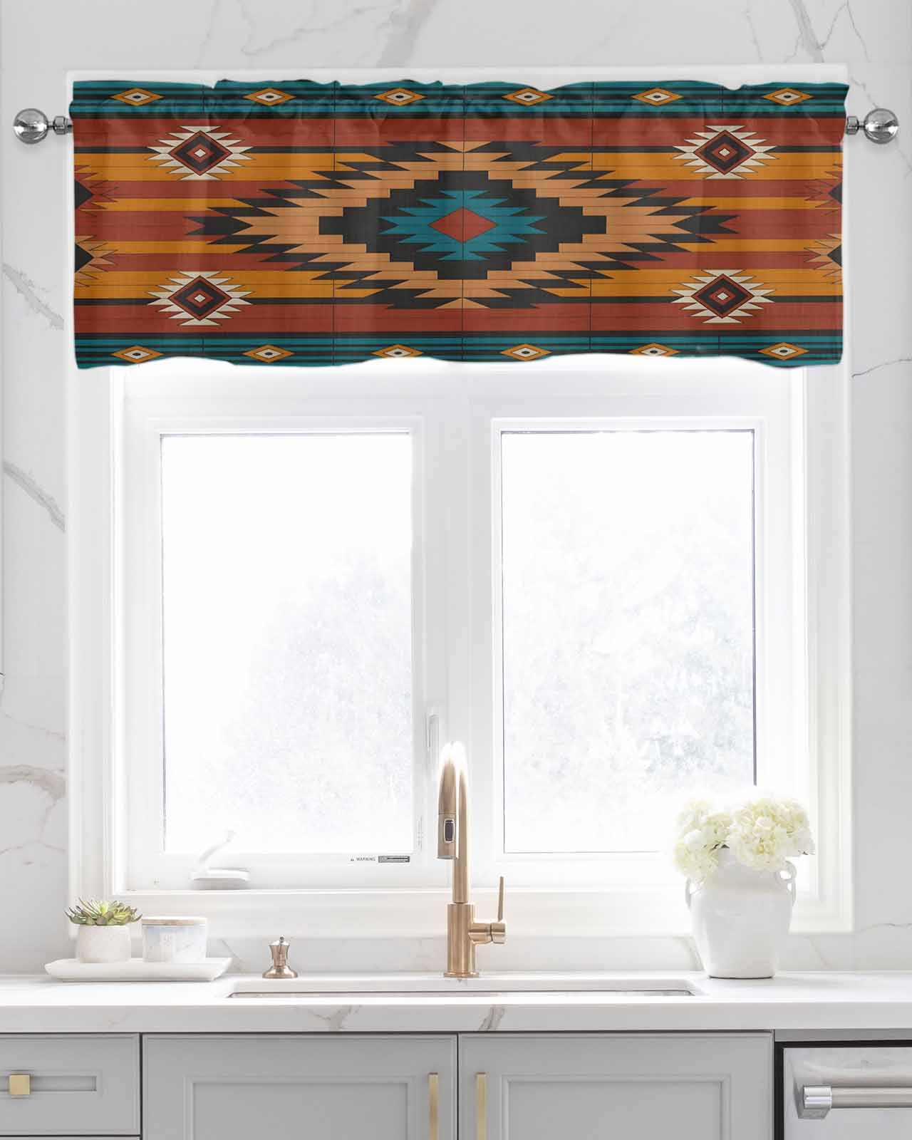 Aztec Southwest Kitchen Valances for Windows Farmhouse Linen Window Valance Curtain for Living Room Window Treatment Vintage Geometric Farmhouse Art Valance Rod Pocket Topper Drape, 54 x 18 Inch