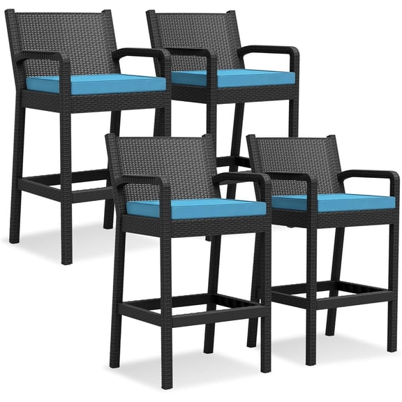 Outdoor Wicker Bar Stools Set of 4, 30 Inch Bar Height Patio Barstools with Thickened Cushions, All-Weather Wicker Rattan Bar Chairs with Backrest & Footrest for Backyard, Pool, Balcony, Blue