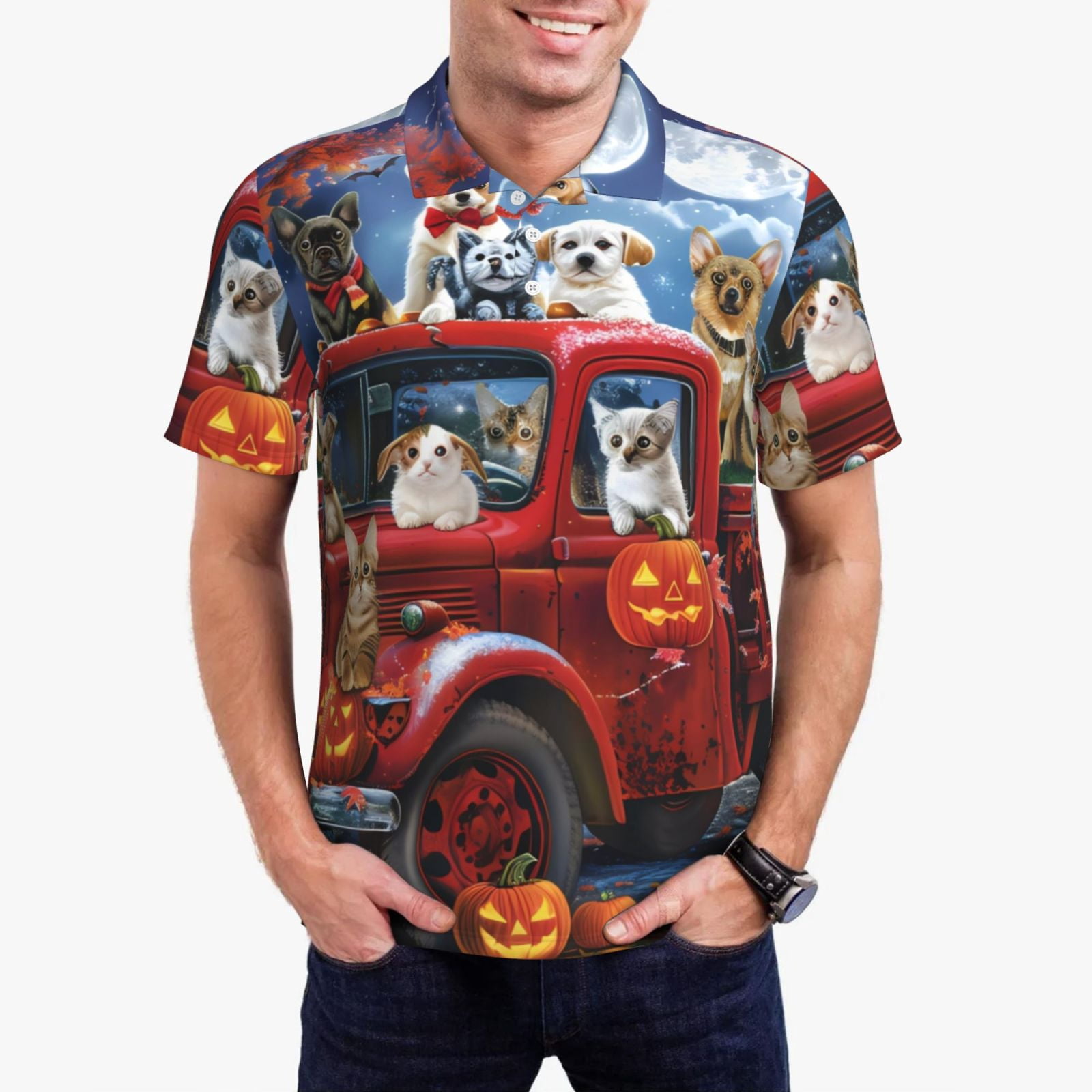 Bingfone Halloween Pets Pumpkins for Men's Button-down POLO Shirts, Quick-drying Shirts and T-shirts for Summer, Suitable for Vacation and Business-4X-Large