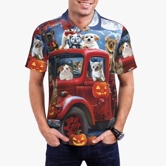 Bingfone Halloween Pets Pumpkins for Men's Button-down POLO Shirts, Quick-drying Shirts and T-shirts for Summer, Suitable for Vacation and Business-4X-Large