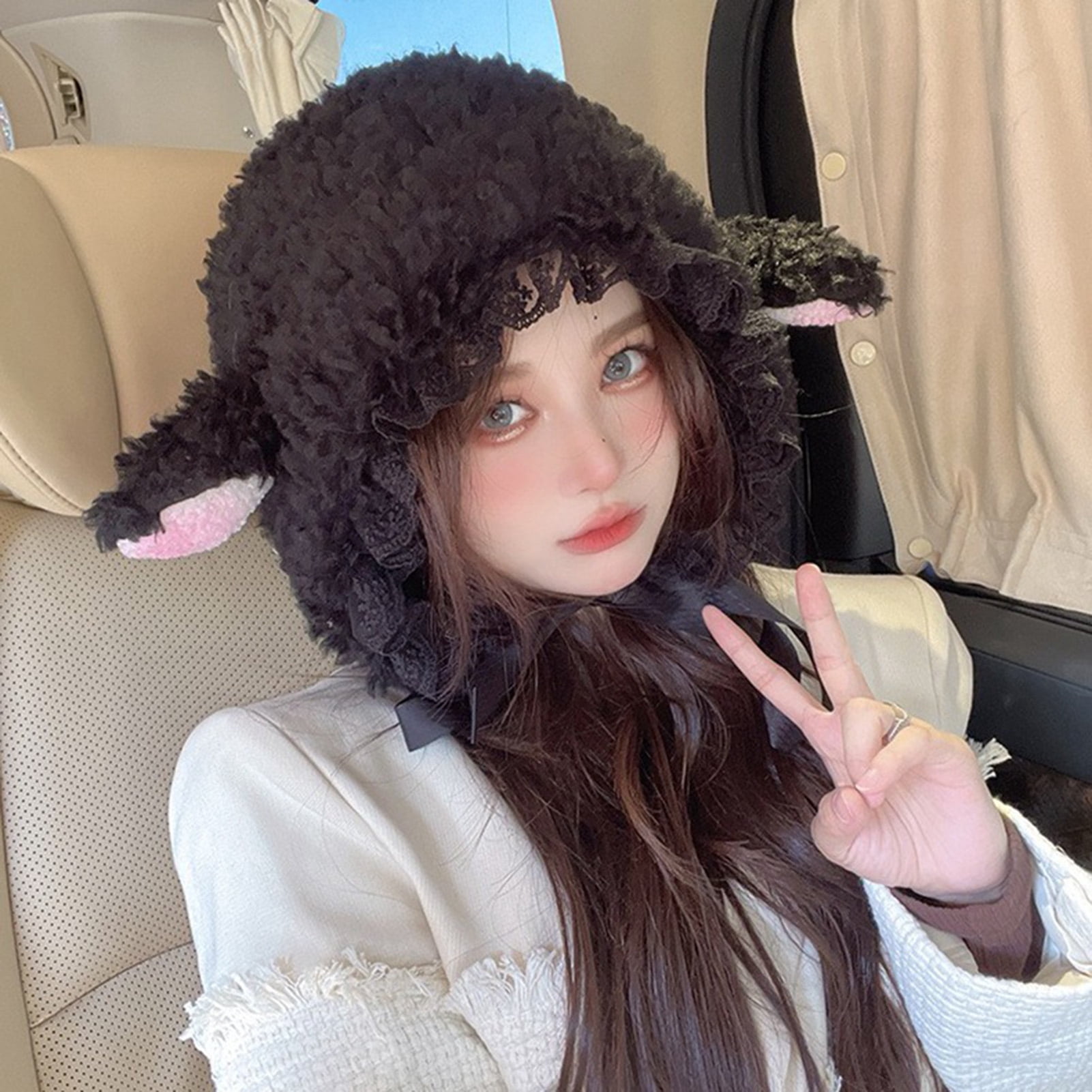 rygai Ladies Hat Photo Prop Sheep Ear Decor Solid Color Fluffy Thick Keep Warm Windproof Adjustable Winter Hat for Students,White