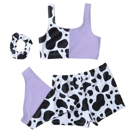 Toimothcn Girl s Swimsuit Sleeveless Casual Patchwork Cow Printed 4 Peice Bikini Set Quickly Dry Cover Up Swimwear 10-12 Years