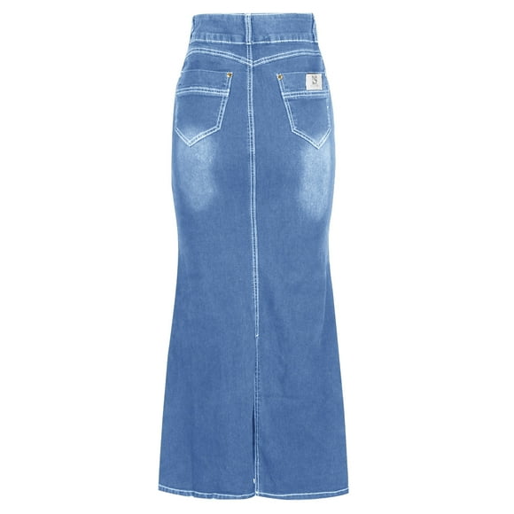 Mrat Long Tulle Skirts Women's Casual Front Button Washed Denim A-Line Skirts Long Jean Skirt Summer Boho Skirts S-171 Light Blue L