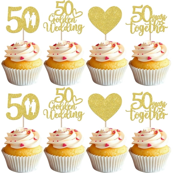 10pcs 50th Wedding Anniversary Cupcake Toppers Gold Glitter 50 Golden Heart Cupcake Picks for Celebration 50th Wedding Anniversary Party Decorations Favors