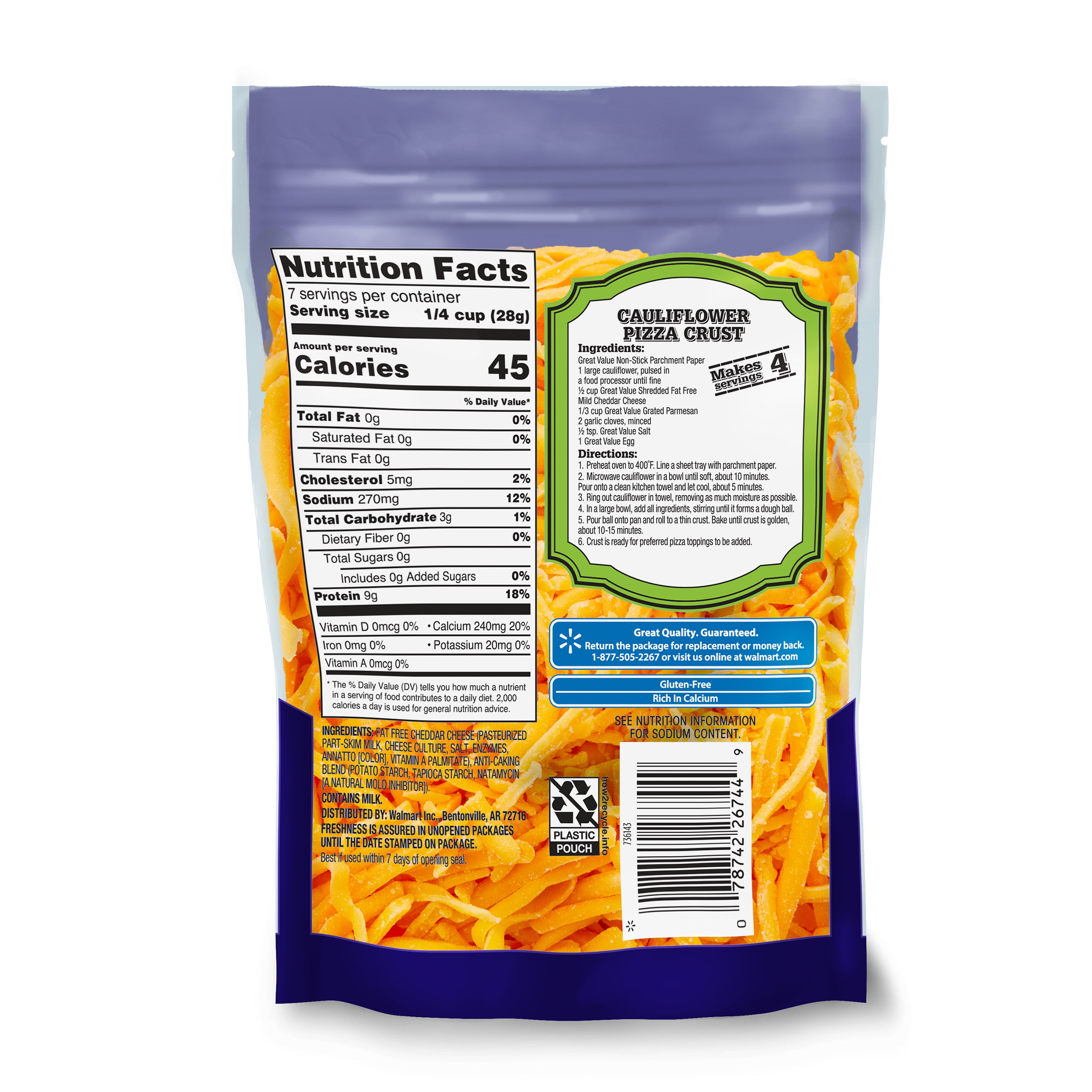 Great Value Mild Cheddar Shredded Cheese, 8 oz Bag