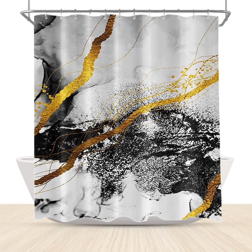 Abstract Black Gold Marble Shower Curtain Ink Art Texture Painting