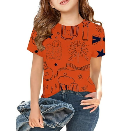 Shirts for Girls Short Sleeve T Shirts Crewneck Orange Boys Tee Shirts Outfits for Girls 8-9 Years