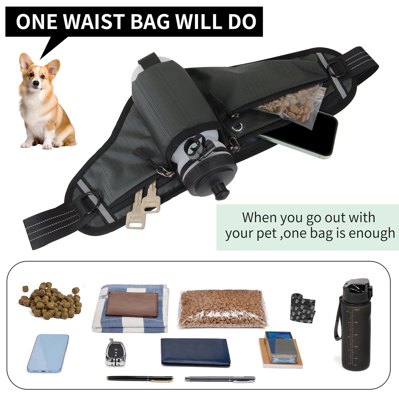 Suodoka Hands Free Dog Leash Waist Pack Water Resistant Night Reflective Large Capacity for Outdoor Dog Walking, Dark Gray (11.02 inches / 28 cm)