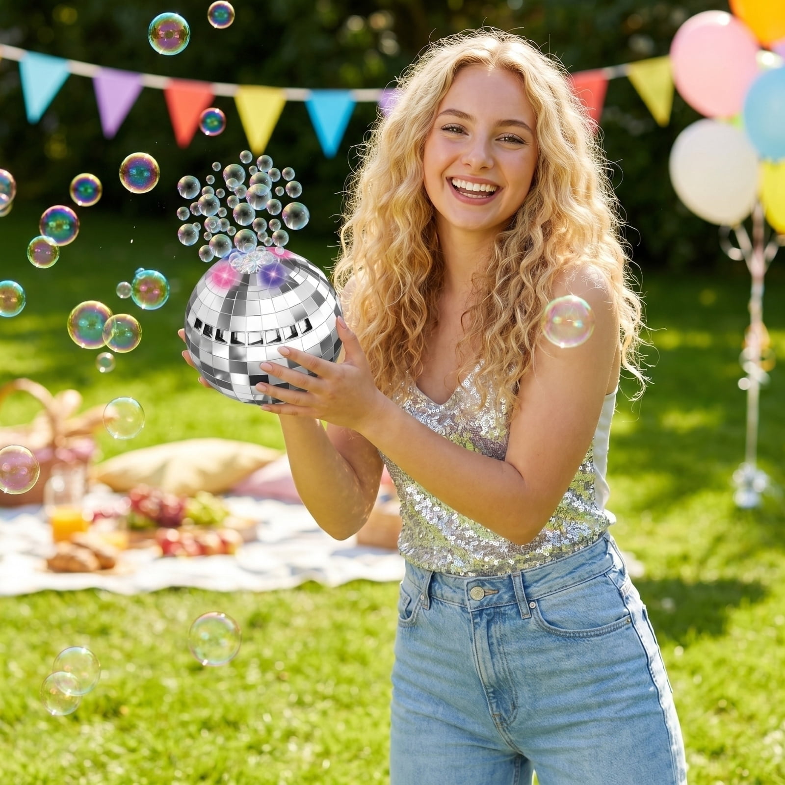 Disco Ball Bubble Machine with LED Lights Automatic Bubble Blower for Parties Outdoor Events and Celebration Decorations Includes 50ml Bubble Solution (Silver)