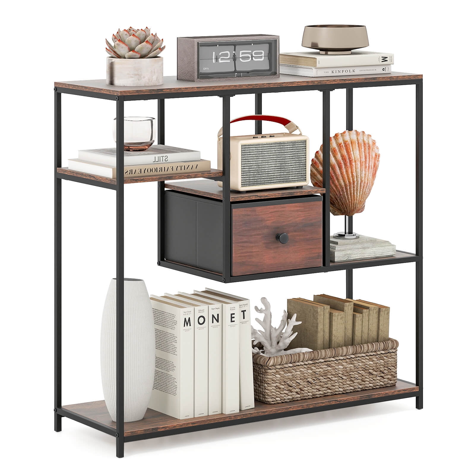 Costway 40" Console Table with Drawer & 4-Tier Shelf,Farmhouse Entryway Table Rustic Brown and Black