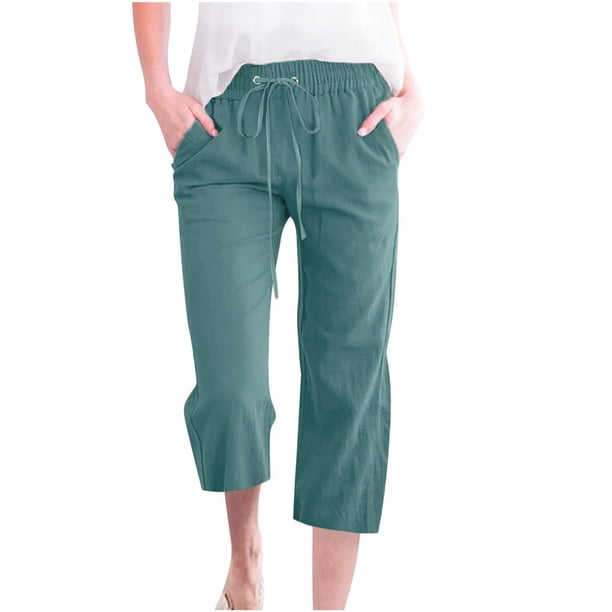 Pantalones de cintura alta y pierna ancha con cordón para mujer - Pantalones rectos elásticos de poliéster con bolsillos