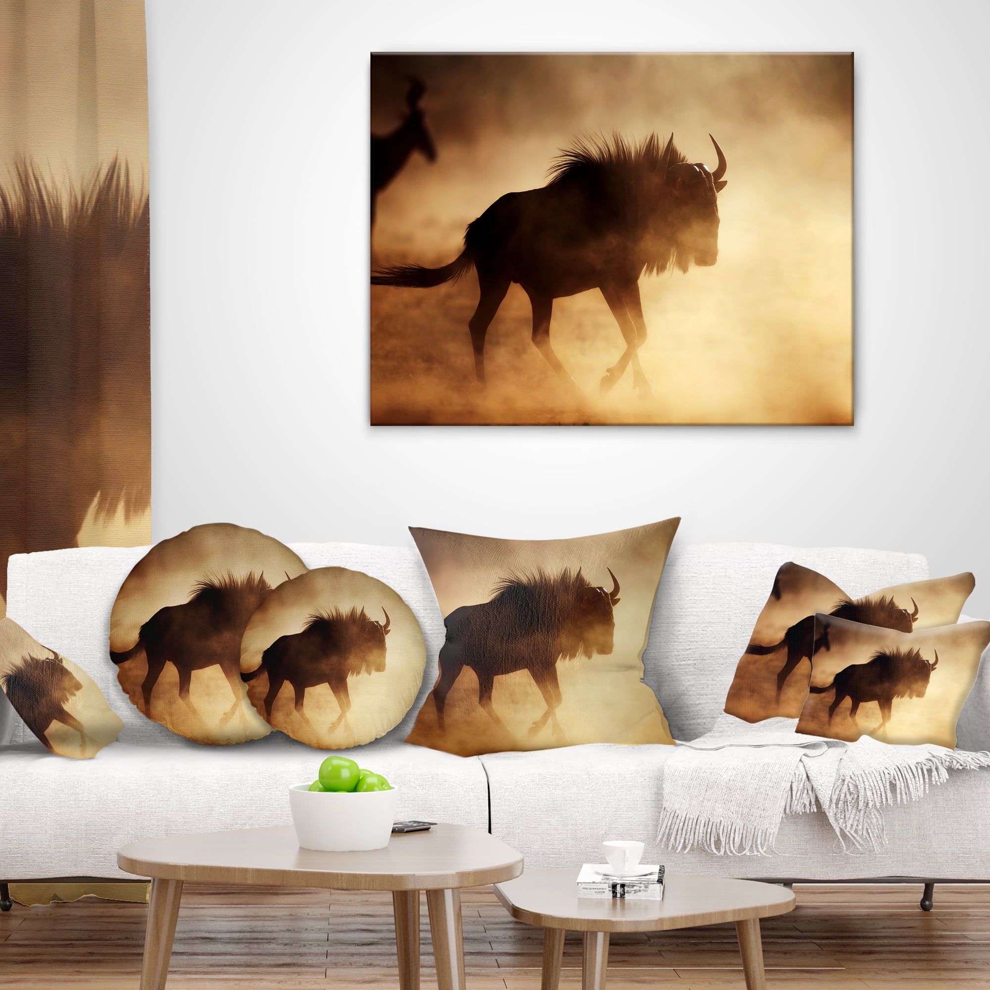 Designart Blue Wildebeest Running in Dust - African Throw Pillow - 18x18