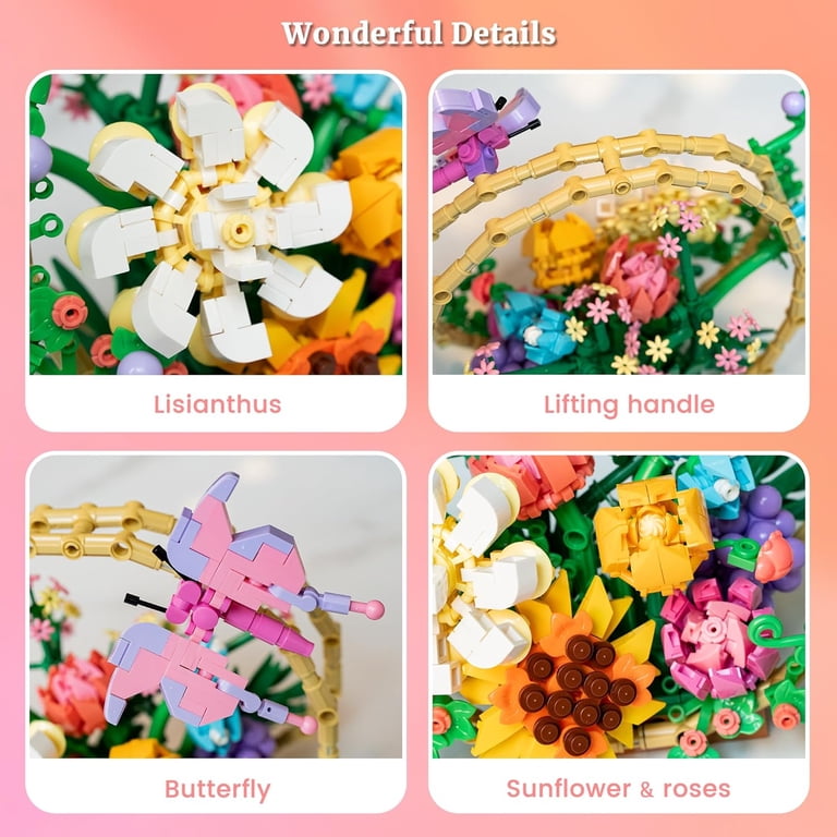 NAYIHOOP Flower Basket Bouquet Building Sets with Rose Sunflower