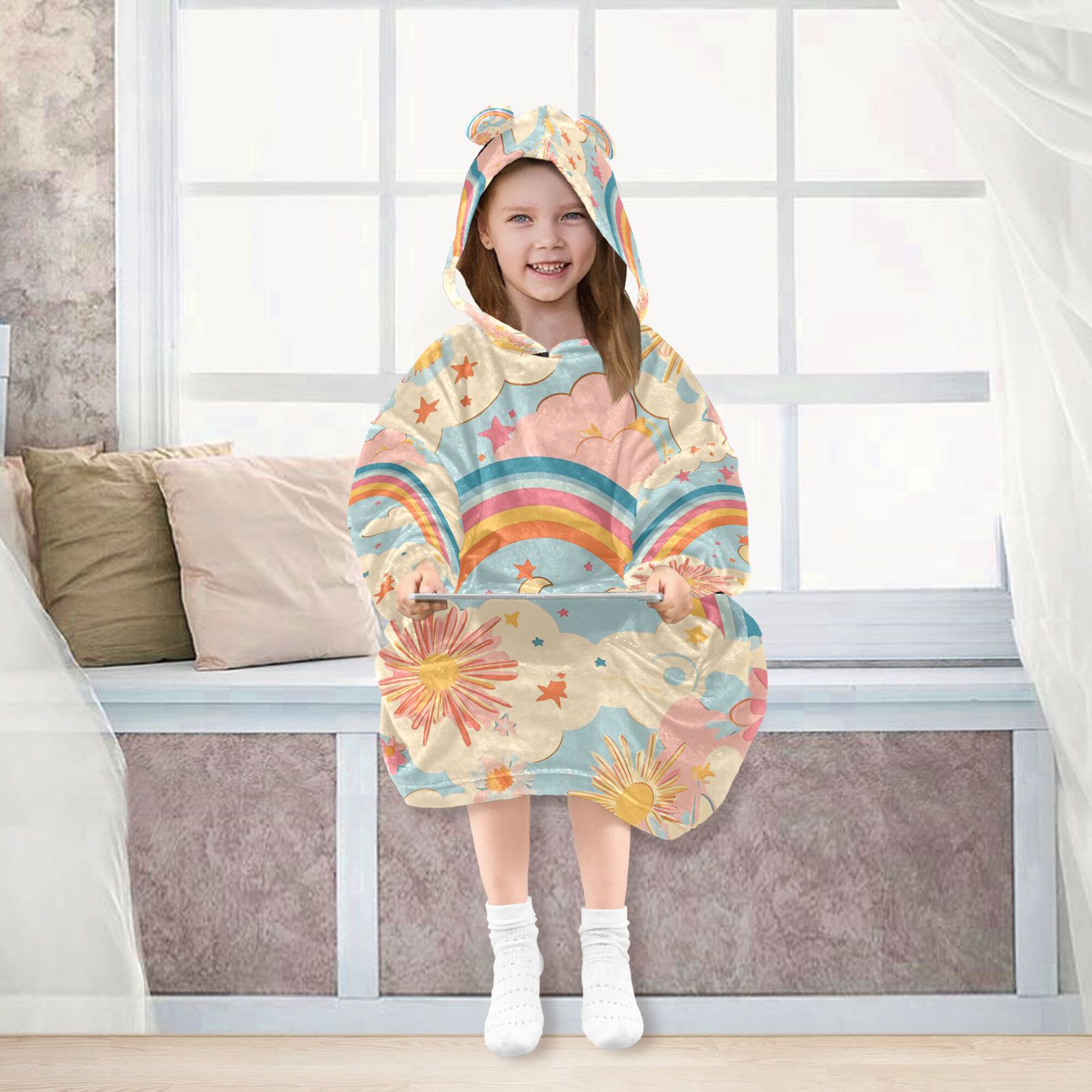 FORMRS Wearable Blanket Hoodie with Sleeves for Kids Cozy Flannel Sweatshirt, Pink Retro Sun