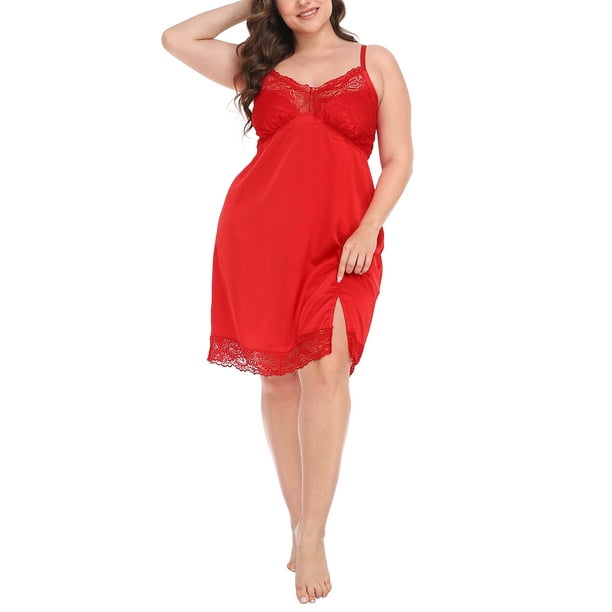 HDE Women's Plus Size Nightgown V Neck Satin Lace Chemise Red 3X