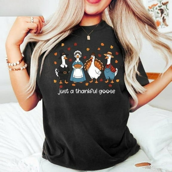 Women's Black T-Shirt Graphic Tees "Just A Thankful Goose" Thanksgiving Humor Design Shirts S-5XL Casual Daily Tops