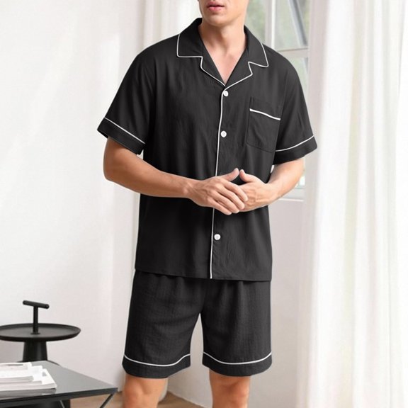 lcziwo Mens Button Down Pajama Sets Comfy 2 Piece Lounge Sets Casual Notched Collar Shirts and Shorts Set with Pockets L