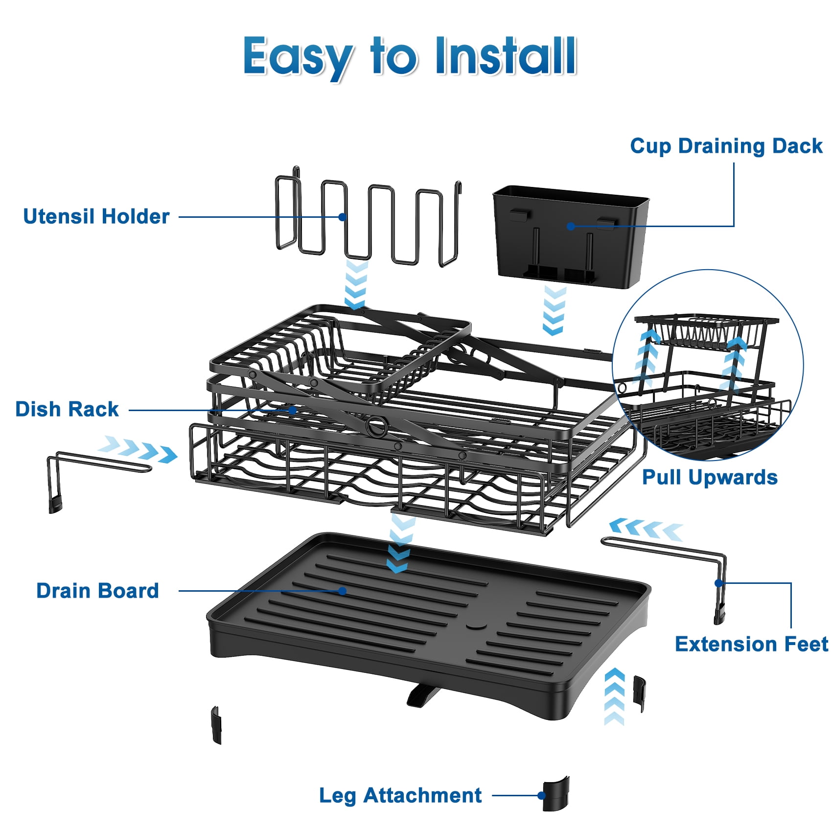 Glovv Dish Racks Kitchen Sink Organizer , 2-Tier Kitchen Organizers and Storage for Kitchen Counter, Over the Sink Dish Drying Rack with Auto Drainage System, Black