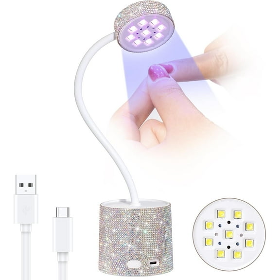 UV LED Nail Lamp, Mini UV Light for Gel Nails Polish, Rechargeable LED Flash Cure Nail Dryer, Quick Drying Goosenecks UV Nail Lamp for Home Nail Salon DIY Manicure, AB Diamond,Silver Sticky Diamond,A