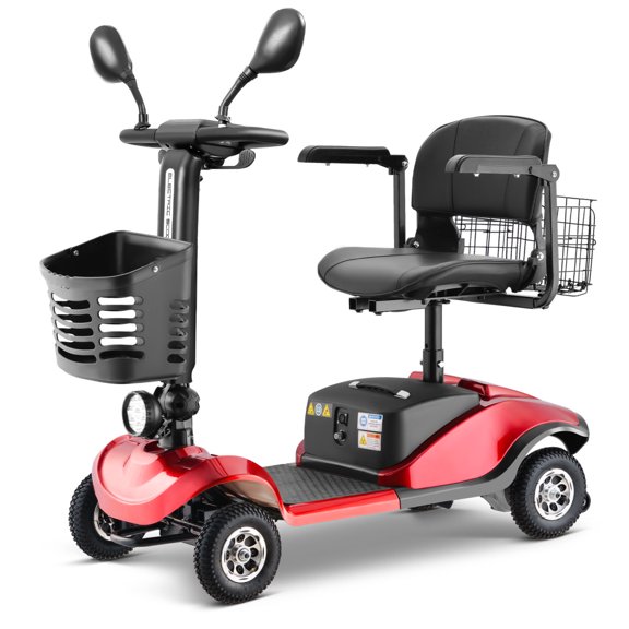 4 Wheel Powered Mobility Scooters, Foldable Travel Scooter with LED Headlights, Basket and 360° Rotatable Thick Seat, 12.5 Miles Range, Electric Scooters for Seniors, Red