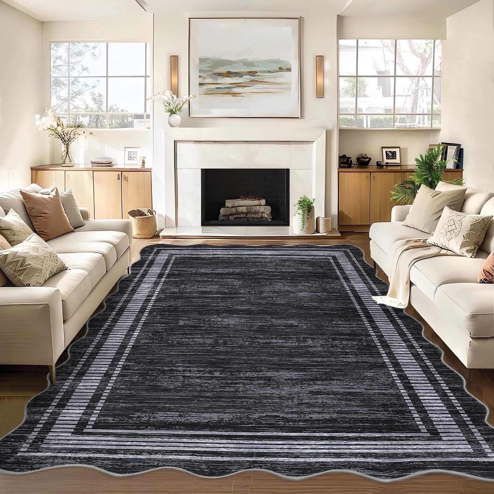 Senfot 8x10 Modern Bordered Abstract Scalloped Area Rug Non-Slip Low Pile Stain Resistant Indoor Rug for Bedroom Dining Office Black
