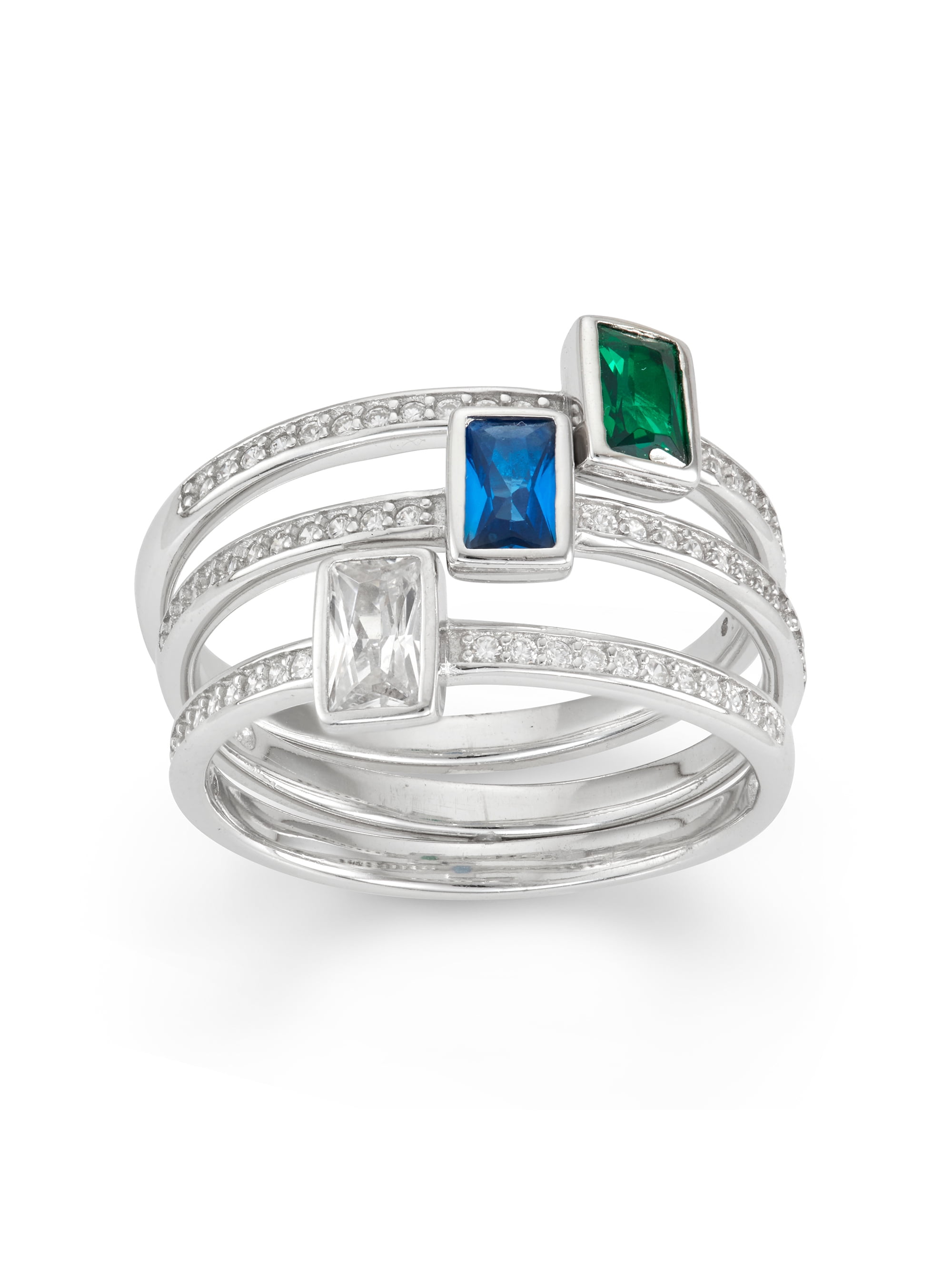 Silver & Simulated Diamond Blue Emerald Cut Ring