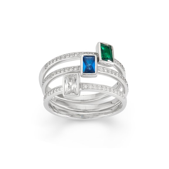 Simulated Emerald, Created Blue Sapphire and White Cubic Zirconia Emerald-Cut 3-Piece Sterling Silver Ring Set