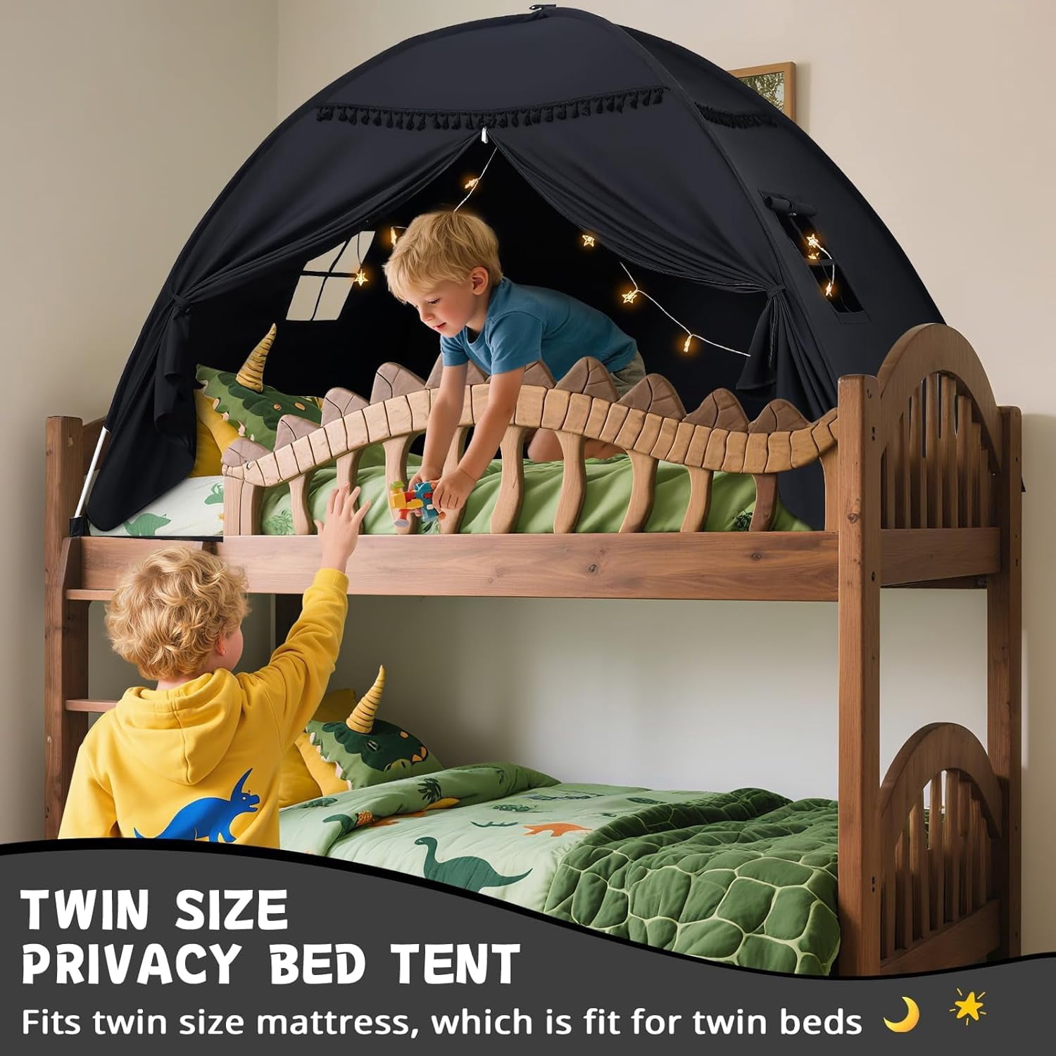 Twin Bed Tent for Kids Indoor, Toddler Bed Canopy with Flags, Twin Size Teepee Tents for Boys Girls Inside Bedroom (Black)
